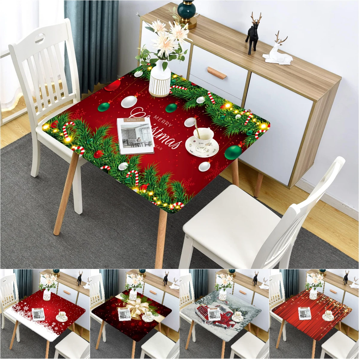 

Christmas Square Fitted Tablecloth Snow Lights Xmas Art Dining Table Cover Elastic Edge Polyester Waterproof Tablecloth Indoor