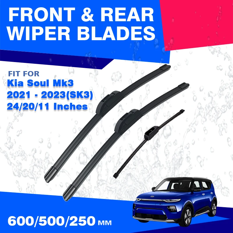 

For Kia Soul Mk3 2020 2021 2022 2023 3Pc Front Rear Windshield Wiper Blade Window Windscreen Car Rubber Brushes Accessories