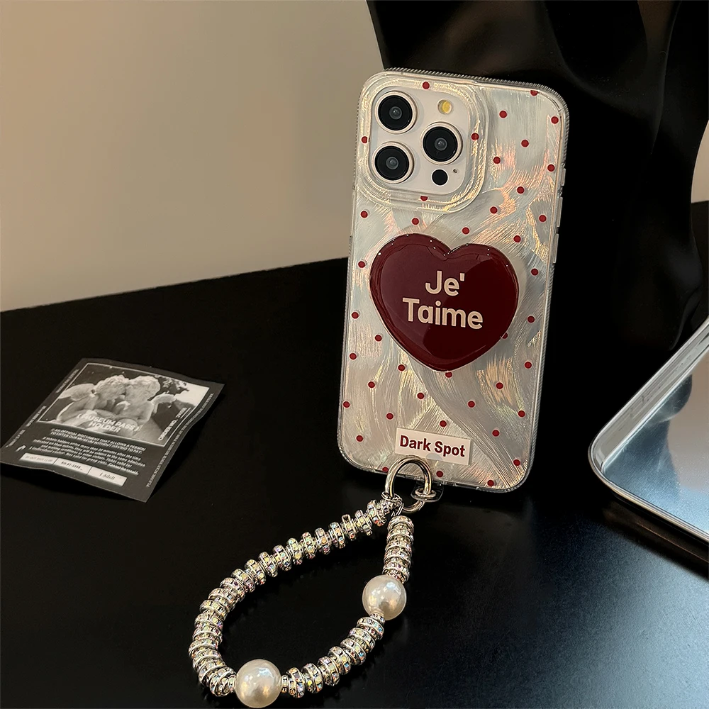 Luxury Feather Veil Blush Polka Dots Phone Case for iPhone 15 14 13 12 11 Pro Max Plus White Bead Bracelet Red Bracket Cover