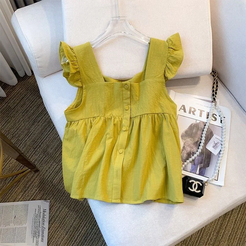 

Fresh and sweet short-sleeved square-neck blouse for women, summer sweet temperament chiffon vest sleeveless stylish trendy top