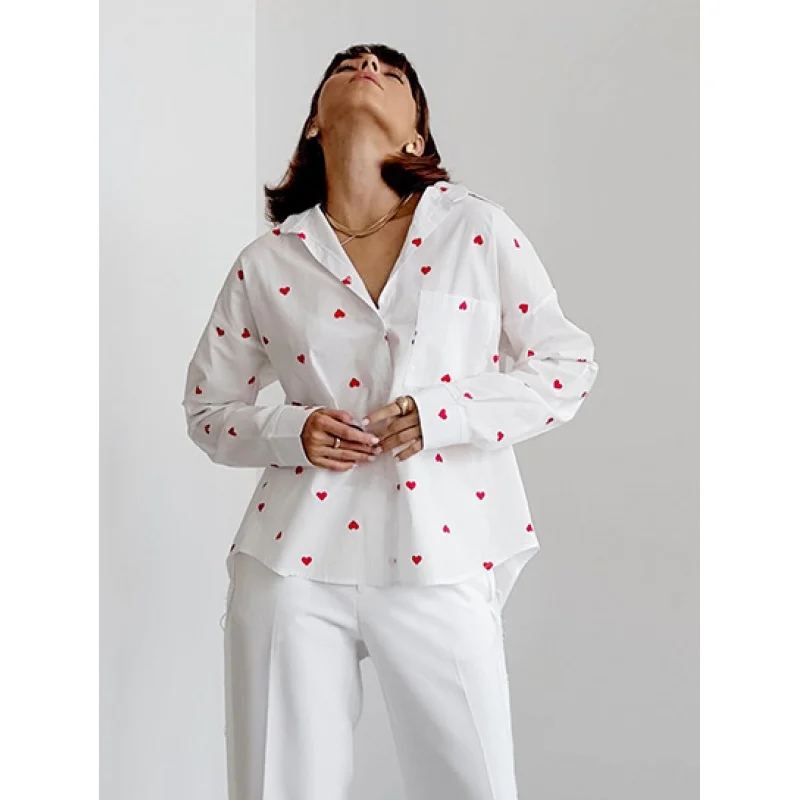 Camisa de solapa de lino y algodón con estampado en forma de corazón para mujer, nueva moda de primavera, venta al por mayor, TopYy18