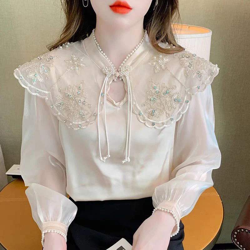 Spring Autumn Stand Collar Vintage Beading Diamons Elegant Fashion Shirt Ladies Long Sleeve 3D Embroidery Satin Blouse Top Women