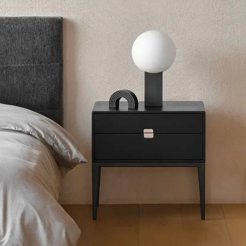 Square Two Drawer Wooden Nightstand Square Metal Handle Thin Leg Minimalist Storage Bedside Cabinet For Bedroom