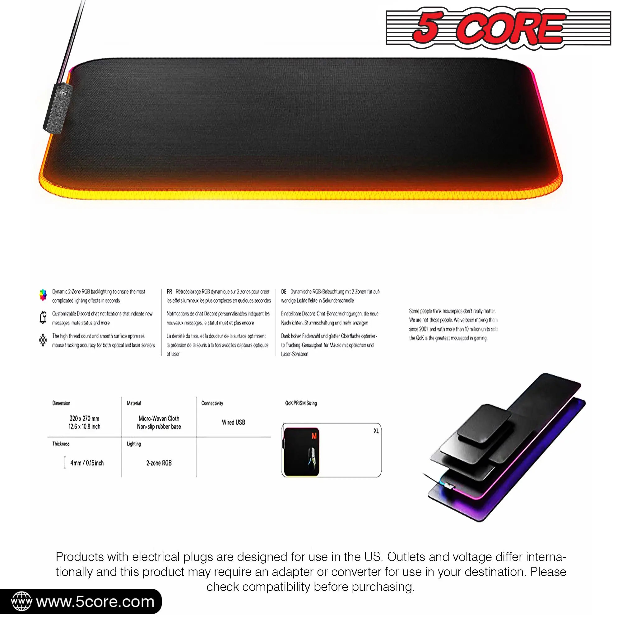 Tapis de souris de jeu RVB 12 modes d'éclairage Tapis de souris de bureau à 2 zones avec base en caoutchouc