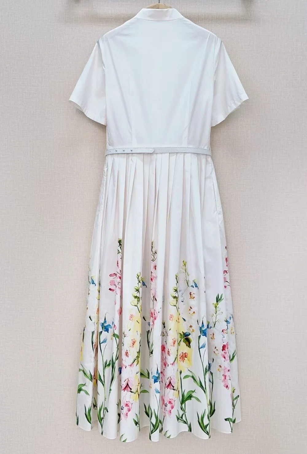 100%Cotton Long Dress 2026 Summer Fashion Women Colorful Floral Print Pocket Belt Patchwork Short Sleeve Long White Maxi Dress