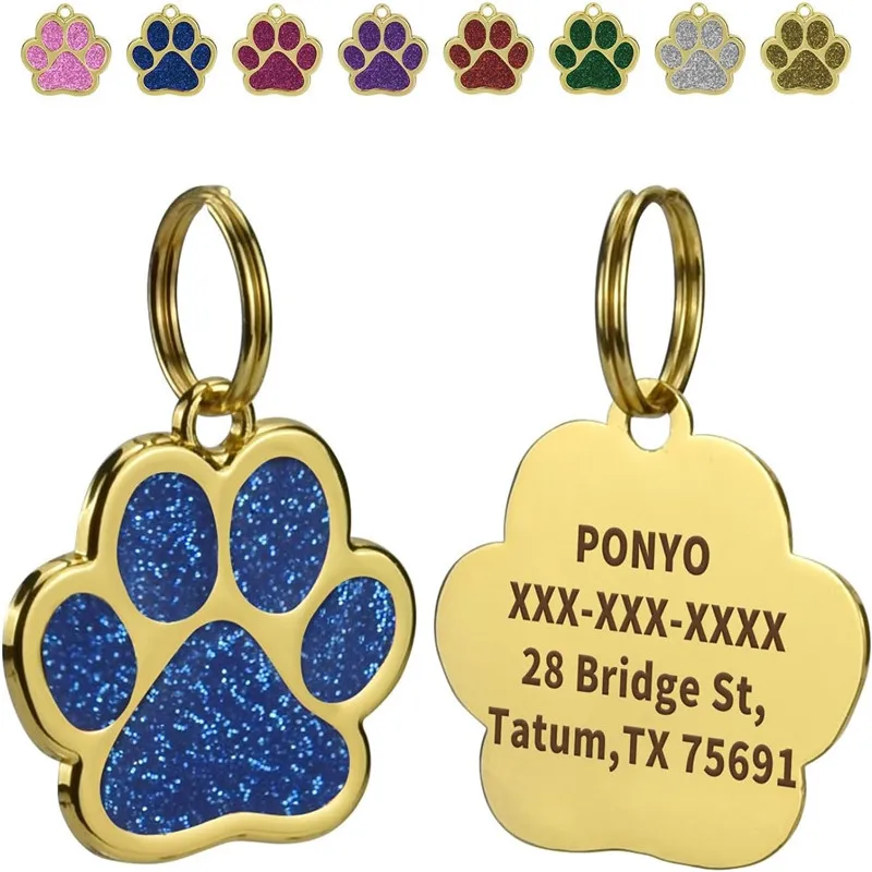 Personalized Collar Pet ID Tag Custom Free Engraved Cat Dog Puppy Name Necklace Gold Paw Glitter Pendant Pet Accessories 3CM