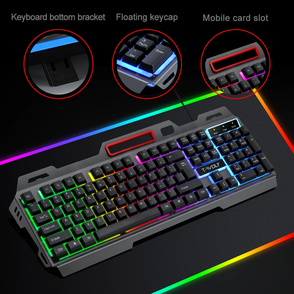 Игровой компьютер с 104 клавишами, RGB-подсветка, USB 1,3 M, черная фотовспышка с держателем для телефона