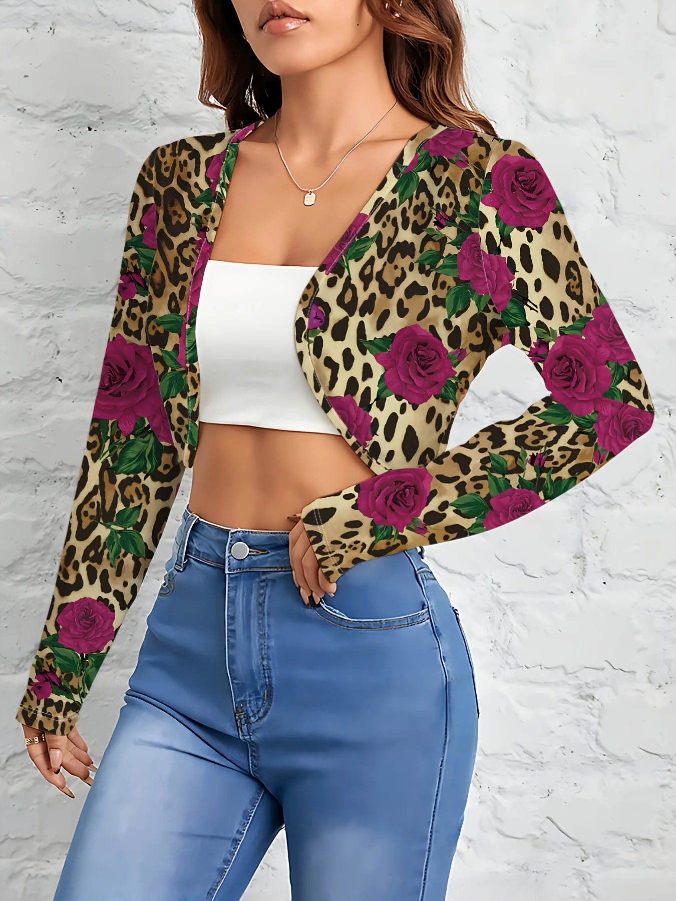 Printed Design Casual Style Leopard Print With Rose Pattern Women's Cardigan