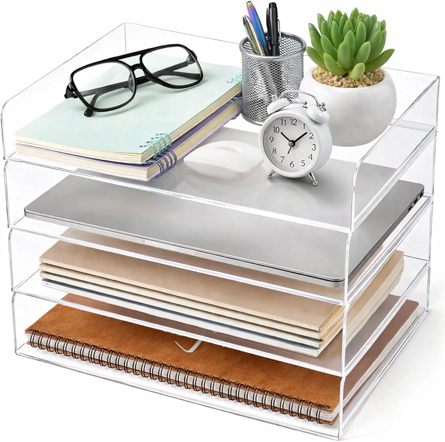 

Настольный органайзер для документов из акрила, 4-ярусный, прозрачный, штабелируемый, для бумаги формата А4, для офиса и дома, современный дизайн