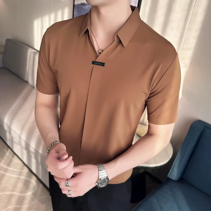 Elasticity Seamless Men Shirts Summer Short Sleeve Casual Slim Shirt Slim Business Social Dress Shirts Party Tuxedo Blouse 2023