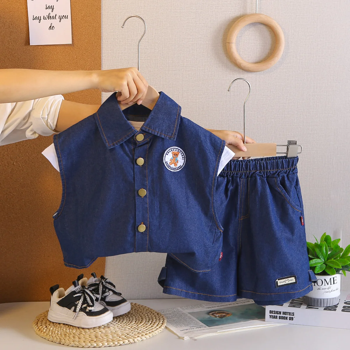 Children's Clothing New Summer Outfits for Baby Boy 1-5 Years Solid Color Denim Vest +  White T-shirts + Shorts 3 Piece Suit Set