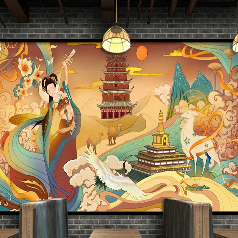 Customized Dunhuang Flying across the sea wallpaper hand painted fairy maiden ethnic background wall retro Hotel mural bedroom