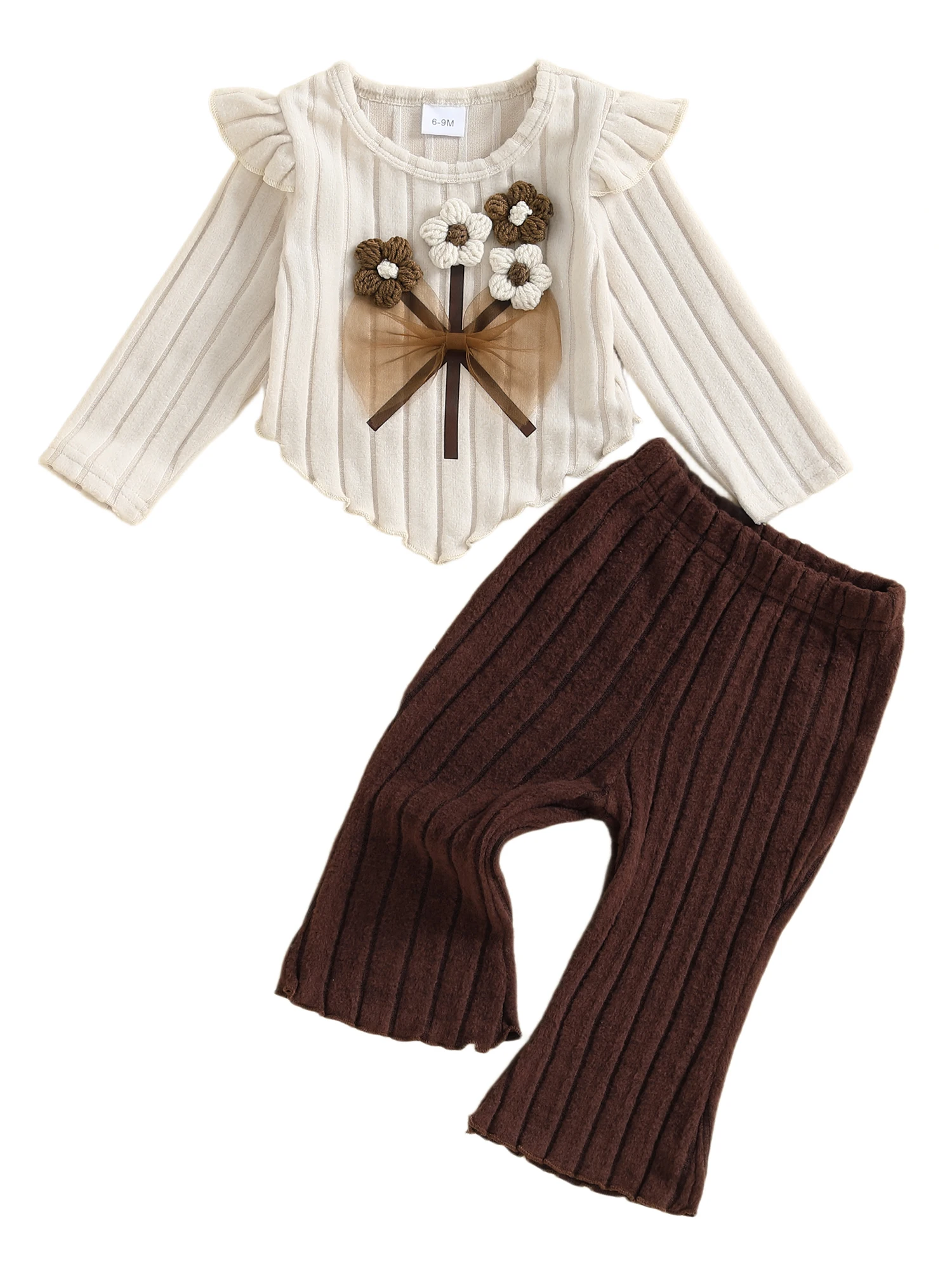 

Baby Girl Autumn Clothes Knit Floral Sweater Stretchy Ribbed Bell Bottoms 2 Piece Outfit Set