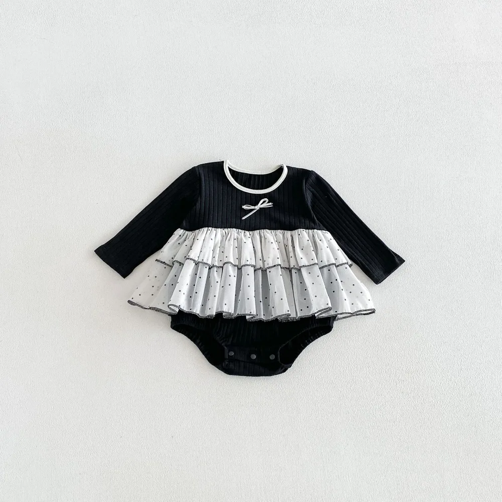 2026 Autumn Baby Girl Dress Romper 0-2Years Cute Newborn Princess Long Sleeve O-Neck Bow Dot Skirted Bodysuit Outfits Clothes