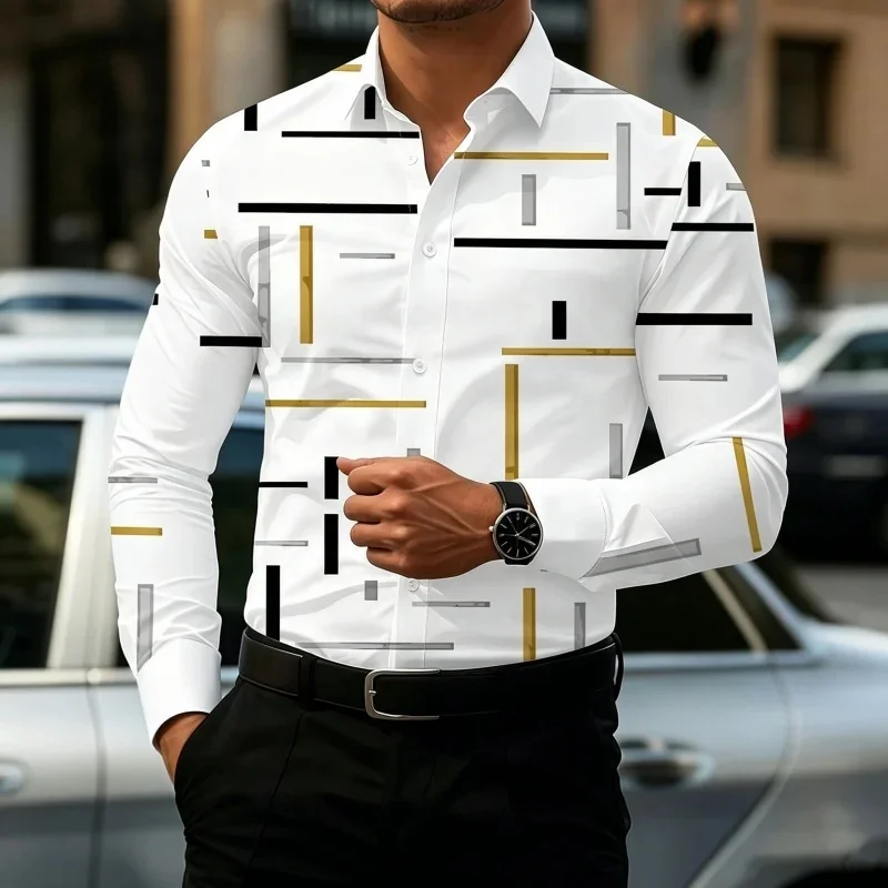Men Turn‑down Collar Long Shirt Modern Abstract Line Dots Graphic Print Button‑front Fashion Urban Office Male Blouse