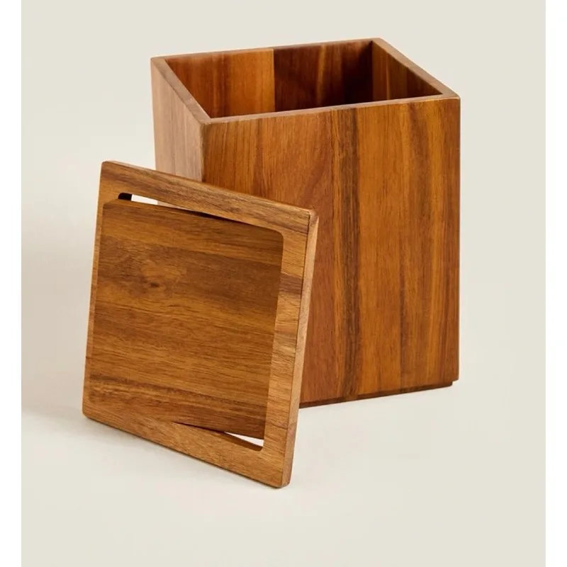 Acacia Wooden Square Desktop Trash Bin, Magnetic Shake Cover Paper Basket for Hotel & Household Use