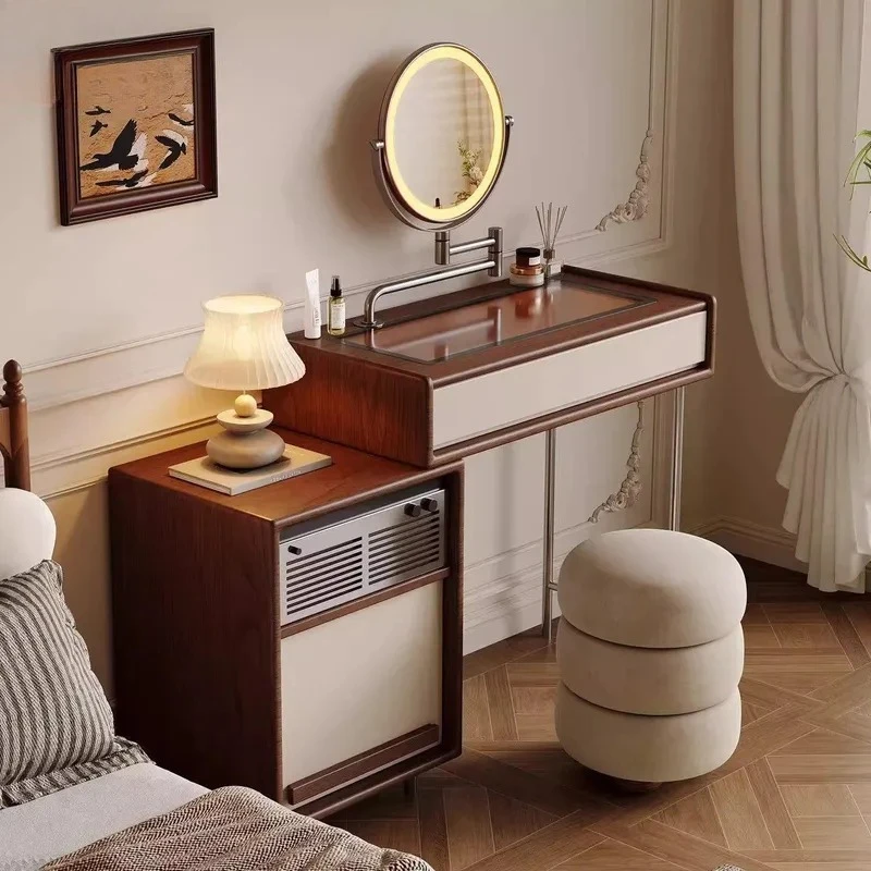 Retro Solid Wood Dresser Chest Small Apartment Bedroom Makeup Vanity Table Integrated Storage Cabinet Radio Console Furniture
