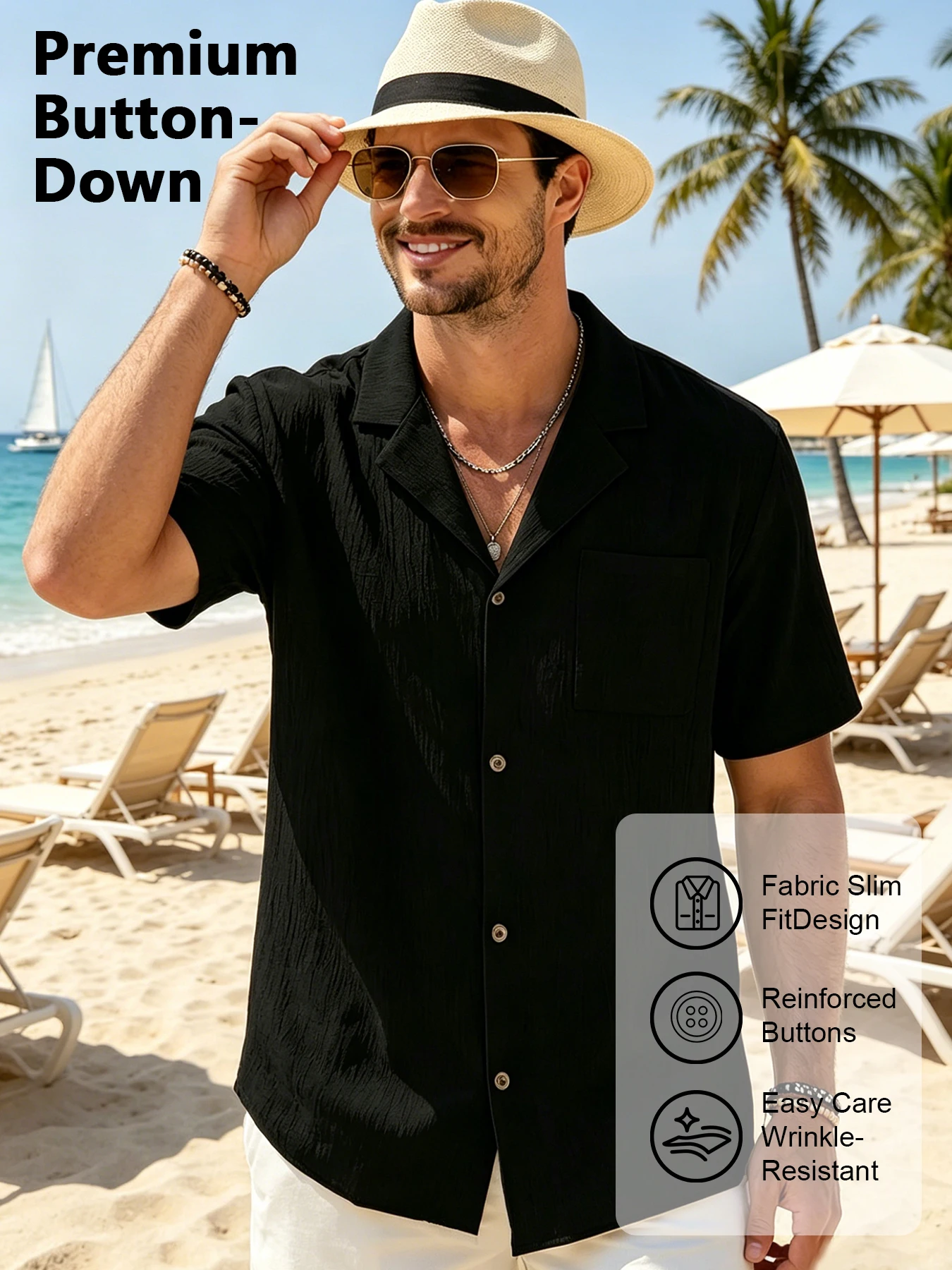 Men Cuban Collar Vacation Shirts Chest Pocket Vintage Buttons Textured Wrinkle Resistant Short Sleeve Button Down Lightweight