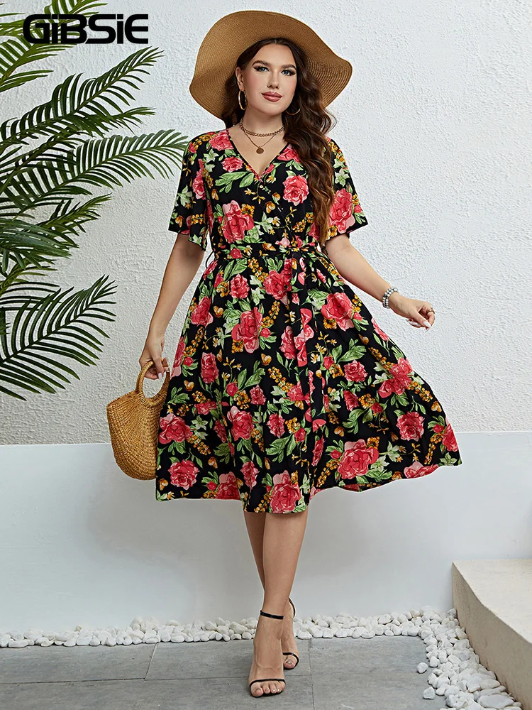 

GIBSIE Plus Size Floral Print V-Neck Butterfly Sleeve Belted Dress Women Summer Vacation Boho Beach A-line Midi Dresses 2023