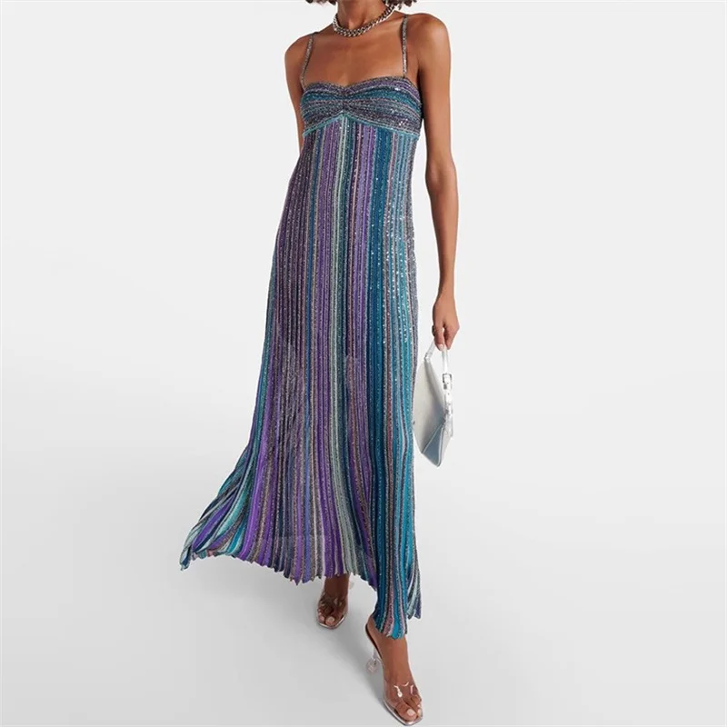 

Women's dress New elastic knitted long dresses for summer 2025 Metal yarn blended sleeveless dress Colorful striped midi dresses