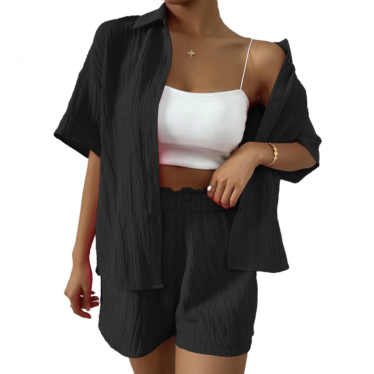 Women's Fashion Casual Two-piece Set Shorts Sets Lapel Half Sleeve Top Shirt Button-Up Wide Leg Shorts  Mini Set Ensemble Femme