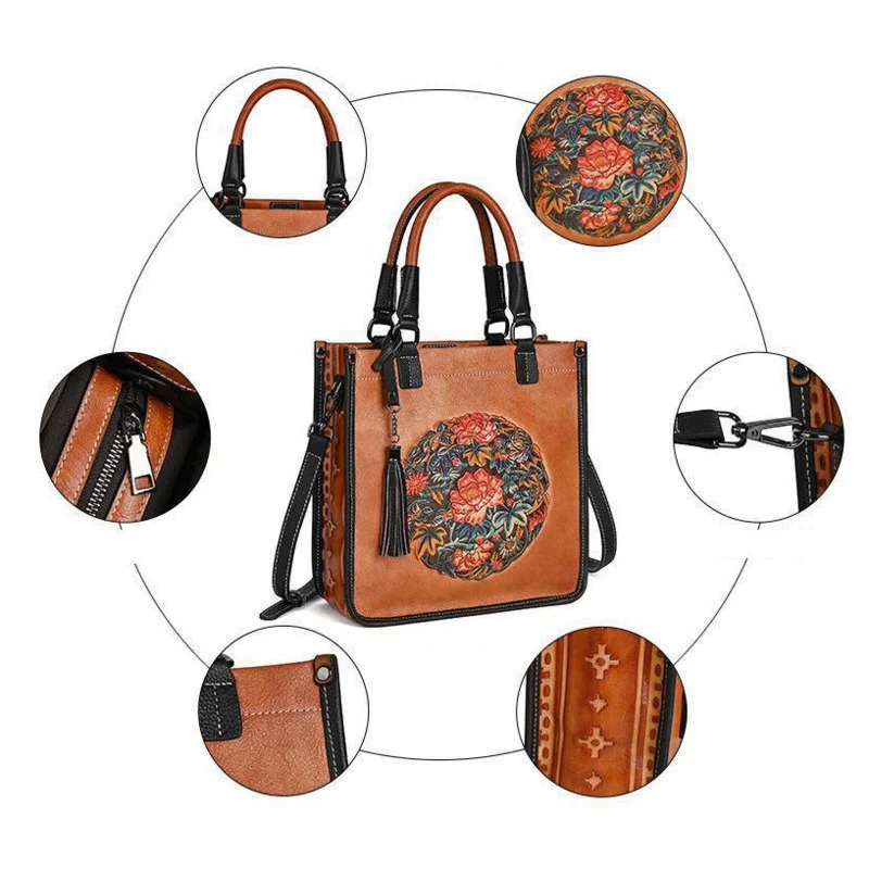 حقيبة يد من الجلد الطبيعي من MOTAORA للنساء ذات سعة كبيرة حقيبة كتف كلاسيكية منقوشة على شكل زهرة محفظة كاجوال فاخرة بتصميم كلاسيكي