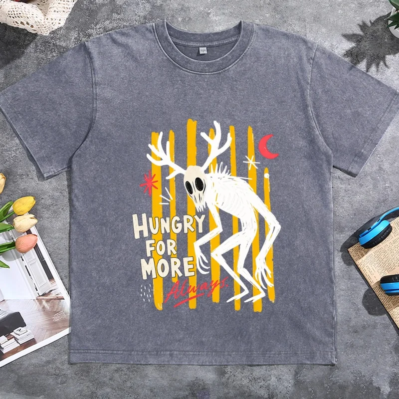 Vintage Hungry for More Always Graphic Tee Horror Monster T-Shirt Men Women Vintage Washed Short Sleeve Tshirts Streetwear