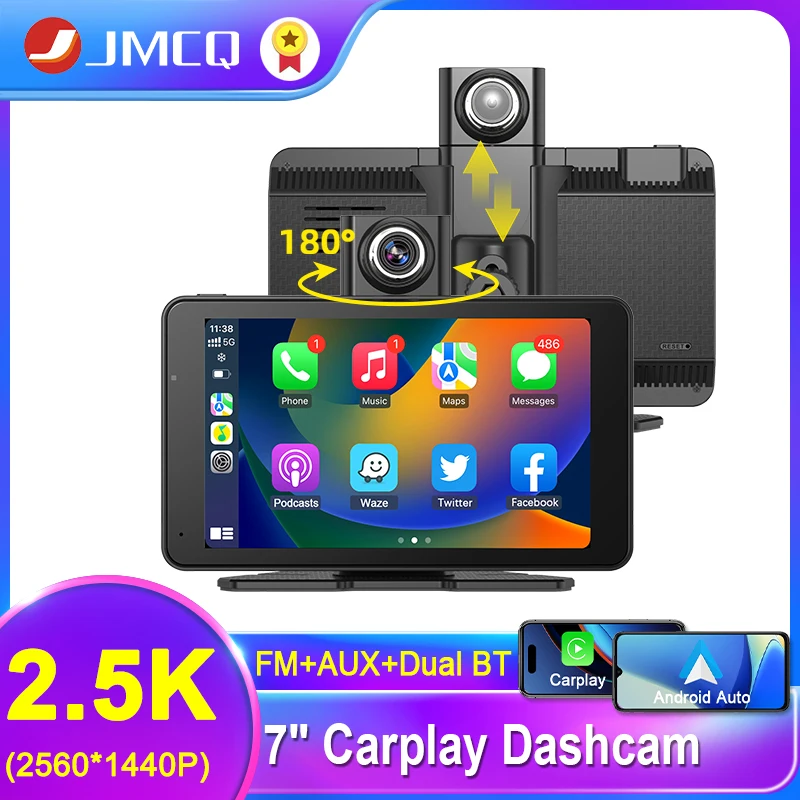 JMCQ 7 Inch 180° Rotatable Lens Dash Cam 2.5K Car DVR Camera Video Recording Wireless Carplay Android Auto Navi Dashboard Screen