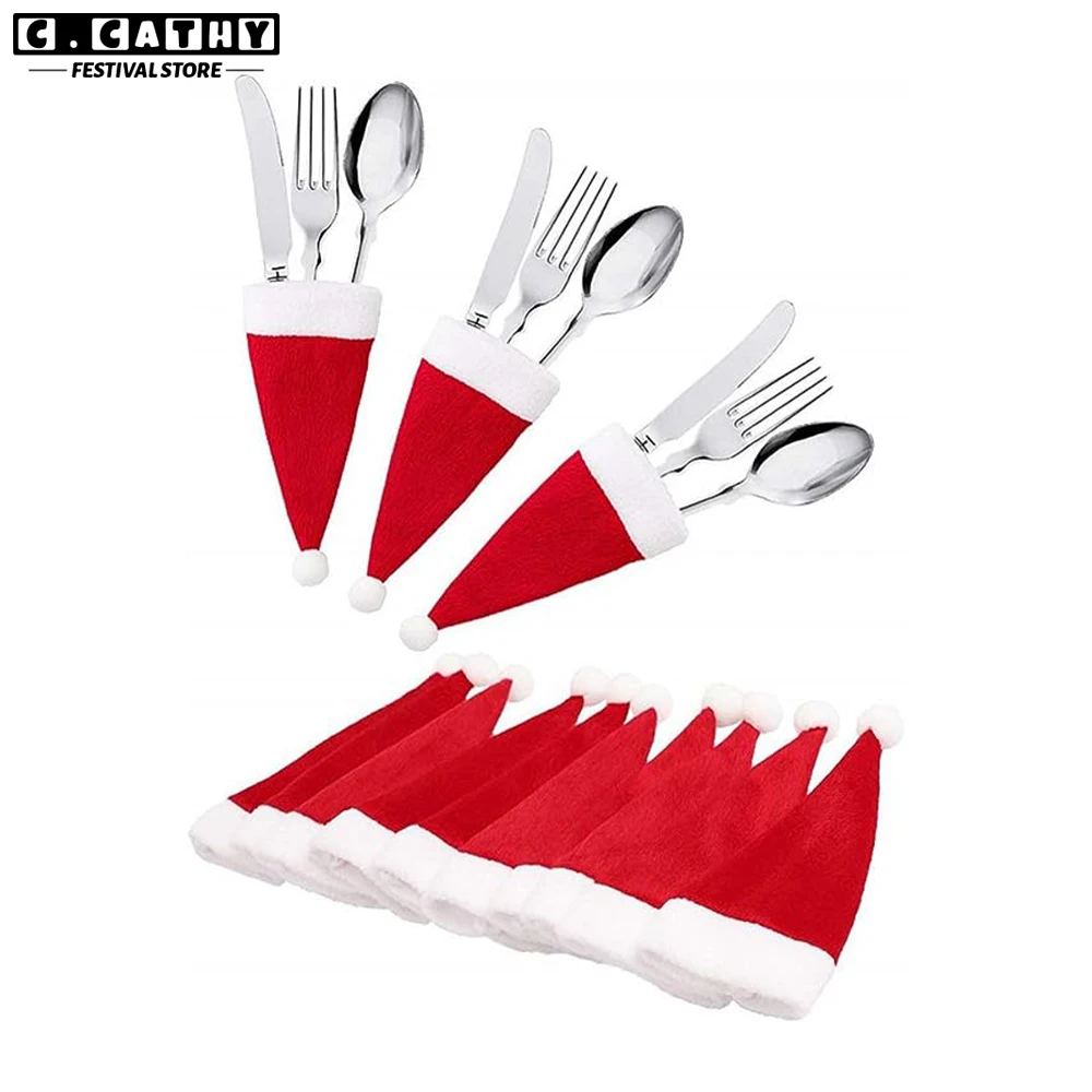 

5/12/20pcs Christmas Hats Tableware Holder Wine Bottle Knife Fork Pocket Cutlery Bag Xmas Home Kitchen Party Decorations