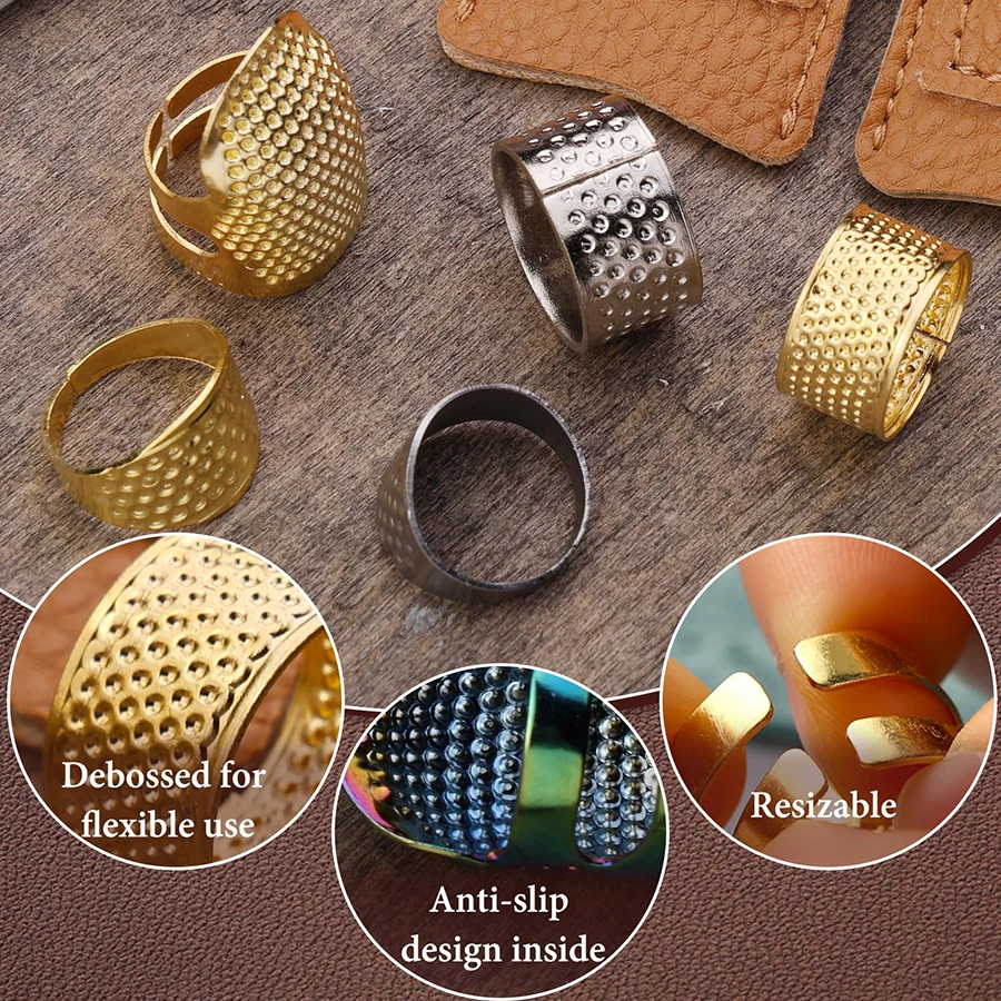 Retro Metal Sewing Thimble Ring Kit Leather Fingertip Finger Protector For Stitching Needles Accessories DIY Sewing Tool Set