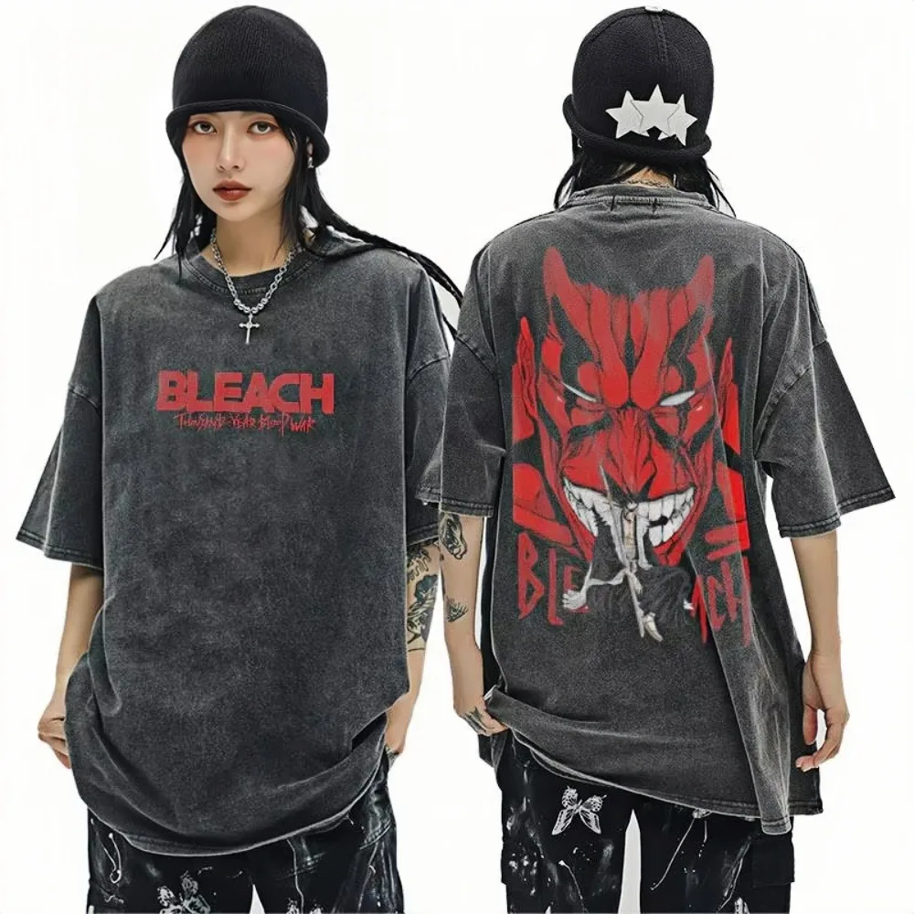 

Anime graphic print T-shirt men women acid wash zaraki kenpachi cotton crew neck vintage T-shirt punk Harajuku streetwear