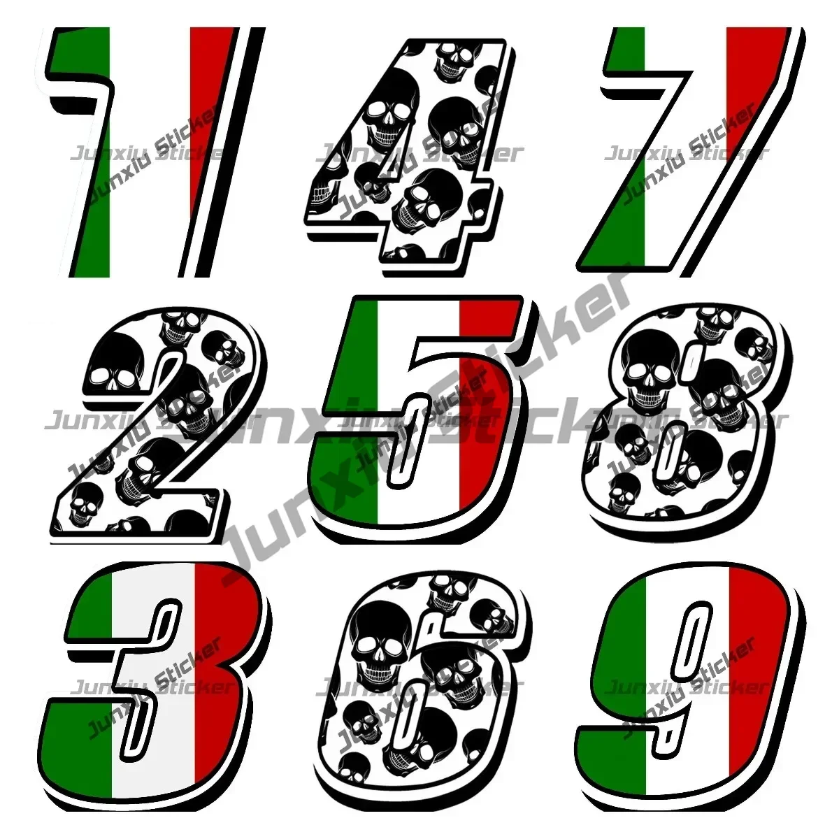 

Italy Italian Flag Car Styling Black and White Skull Figures 0123456789 Car Stickers for Motocross Racing Bike Waterproof Decals