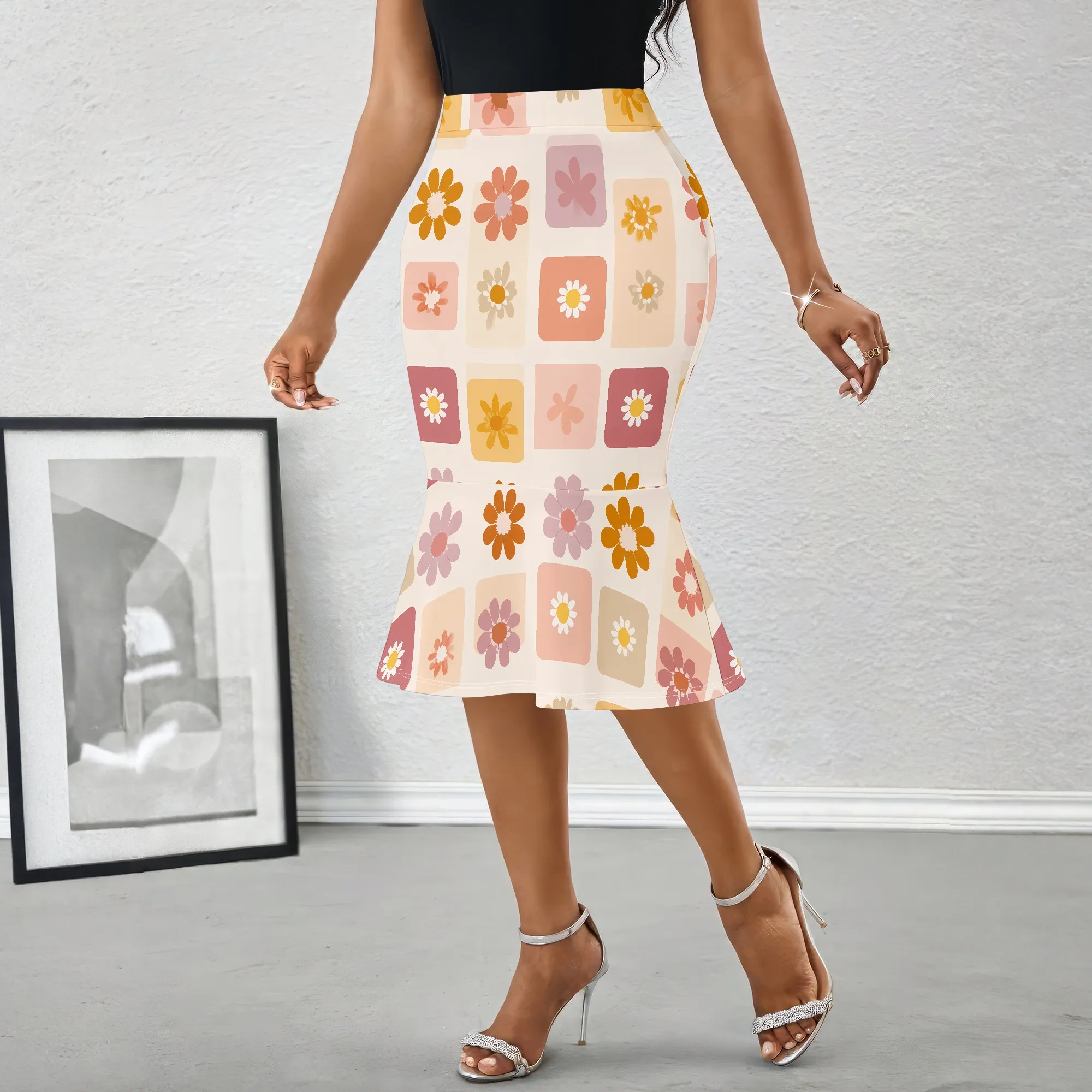 Retro Floral Print Midi Skirt Vintage Daisy Pattern Pencil Skirt, High Waist Mermaid Hem Skirt for Women Party Office Wear S-2XL