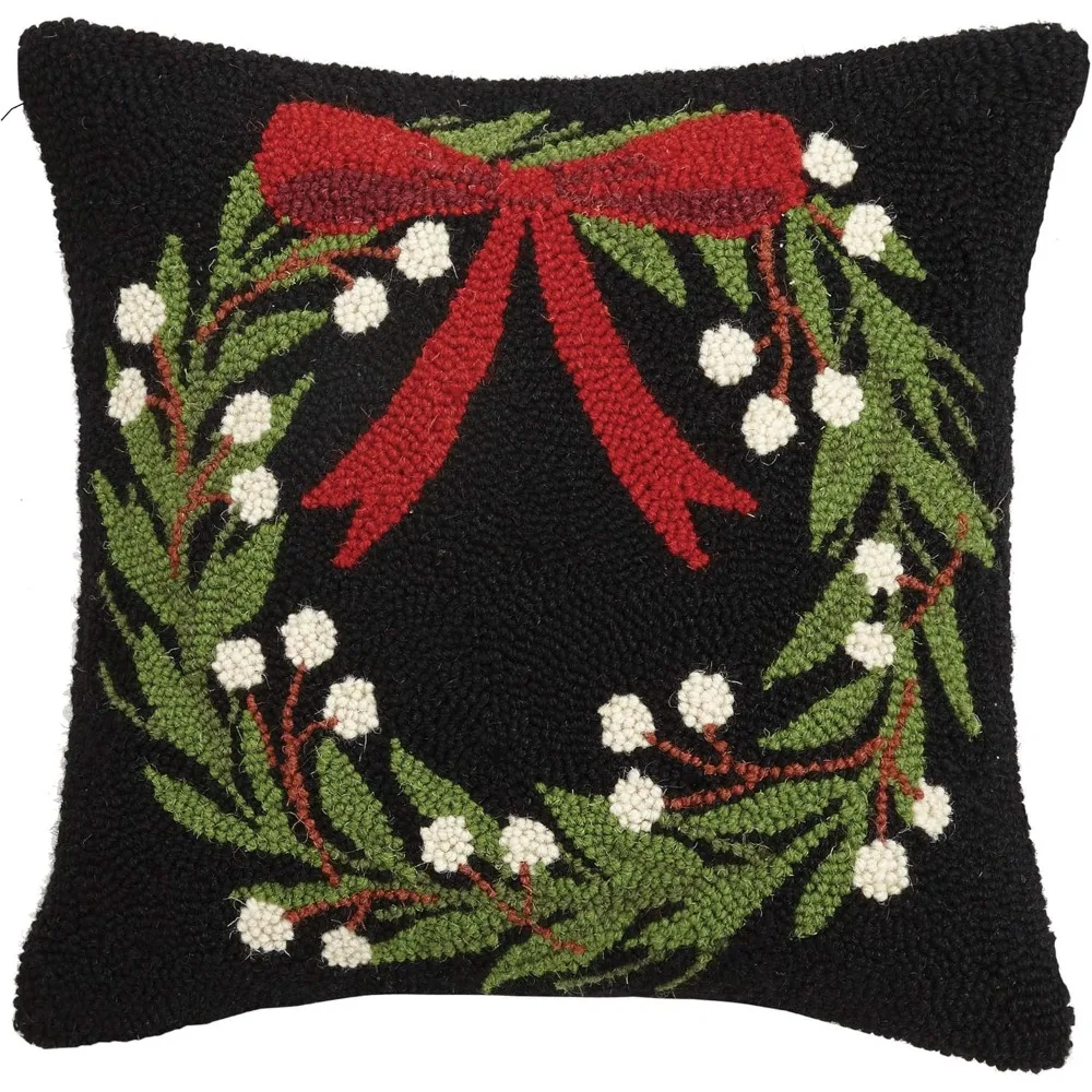 Wreath Holiday Hook Pillow, 16-inch Square