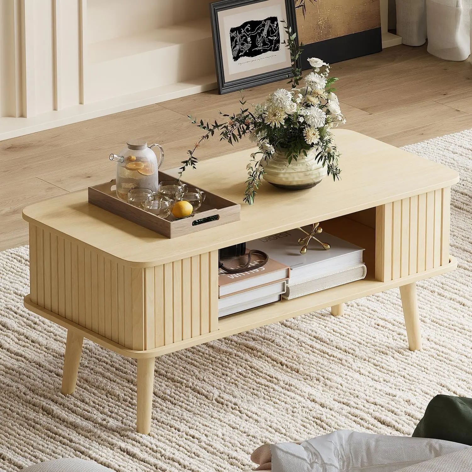 

Rectangle Coffee Table with Rounded Edges, Storage Center for Living Room, Easy Assembly, Natural Wood