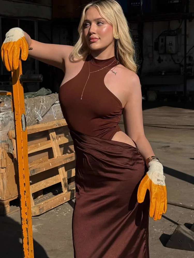 Oniflyme サテンパッチワーク中空アウトマキシドレス女性ローブエレガントな O ネックノースリーブボディコン衣装セクシーなパーティーウェア女性のドレス