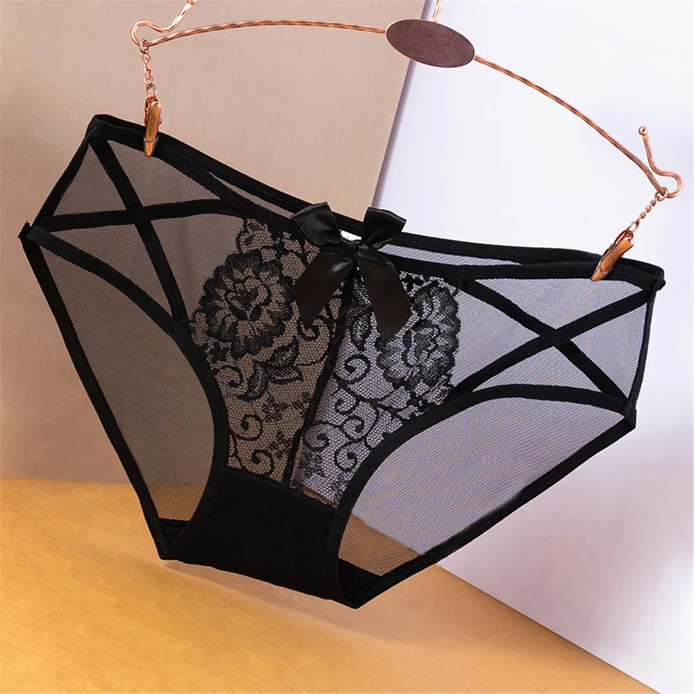 Plus Size Black Lace Hollow Out Lingerie Sexy Perspective Mid-waist Briefs Underwear Seamless Strap Breathable Panties Knicker