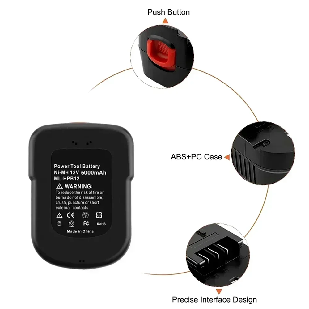 12V 6000mAh for Black Decker A12E, A12 / HP122K, CD, PS, HP126F2K Tool Batteries