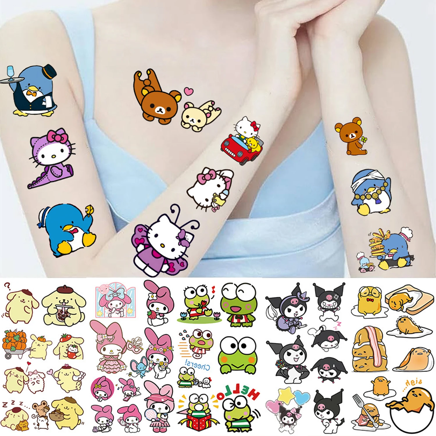 10Sheets Sanrio Cartoon Cute Hello Kitty Melody Cinnamoroll Tattoo Stickers Creative Personalized Fun Graffiti Kids Toy Gift