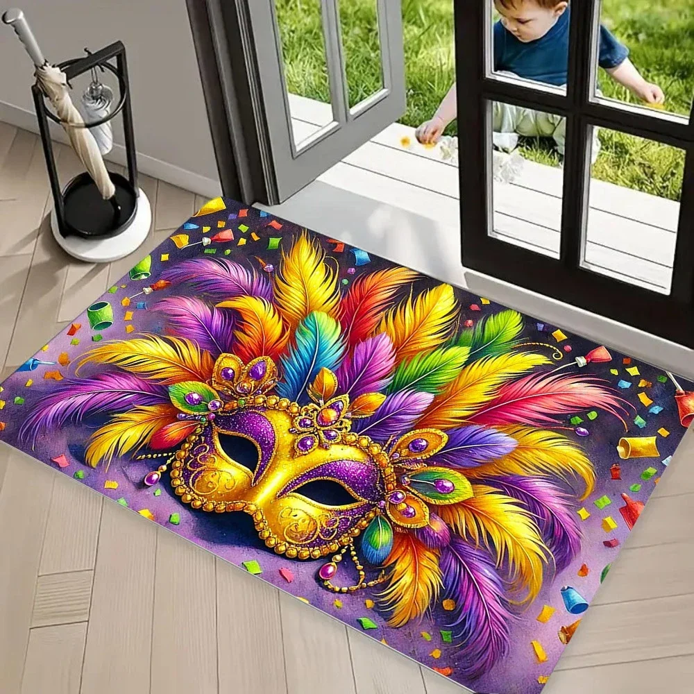 Carnival Mask Pattern Carpet Mat Rug Vibrant & Luxurious home decoration with Colorful Feather for Front Door Entrance