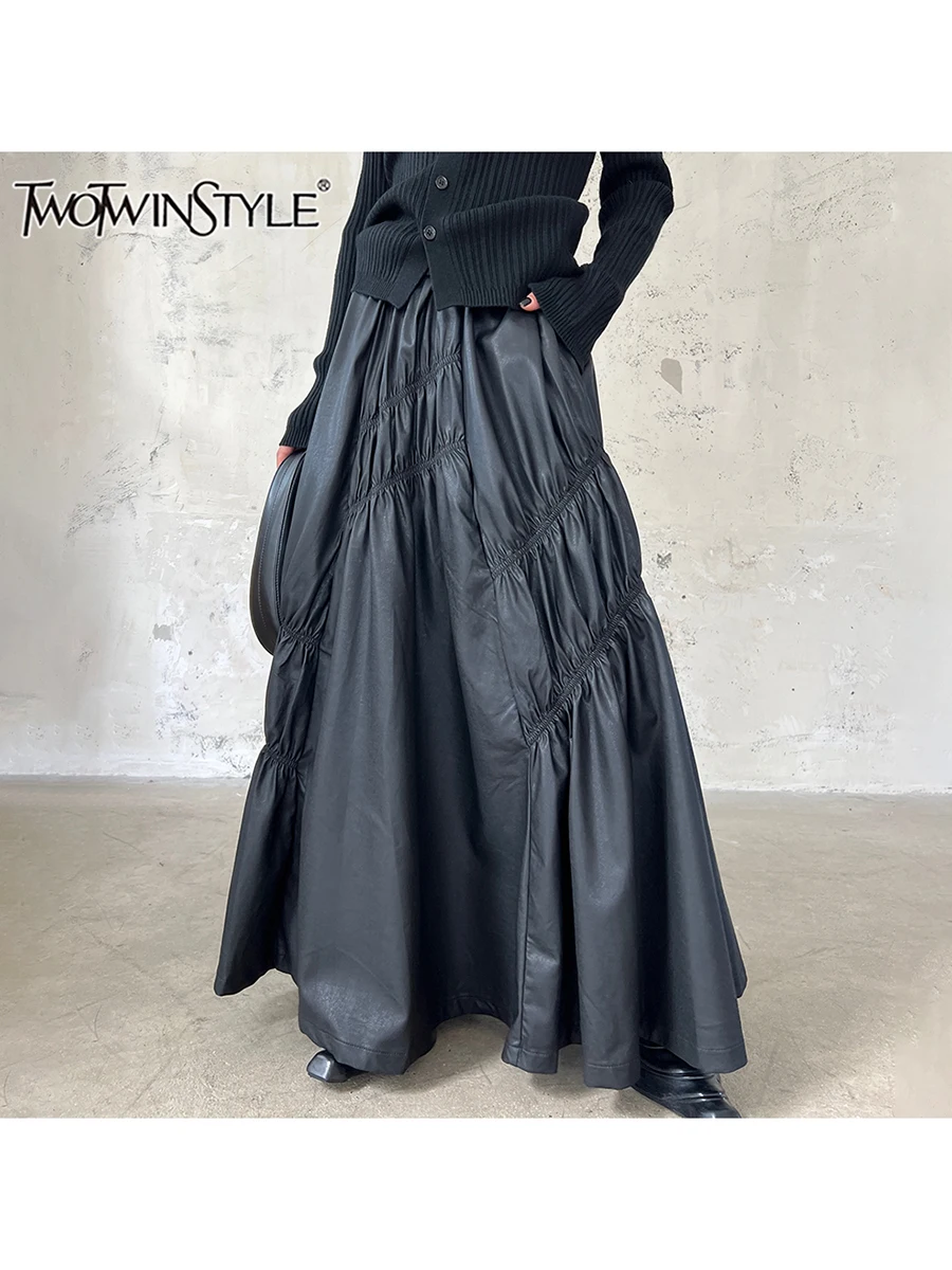 

TWOTWINSTYLE Solid Loose Leather Skirts For Women High Waist Patchwork Folds Irregular Streetwear A Line Skirt Female Fashion