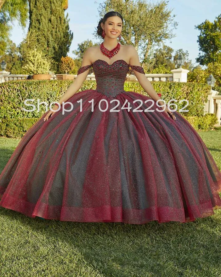 Burgundy Princess Off Shoulder Quinceanera Dresses Two tone Twinkling Glitter Tulle Skirt Corset vestido de 15 quinceañeras