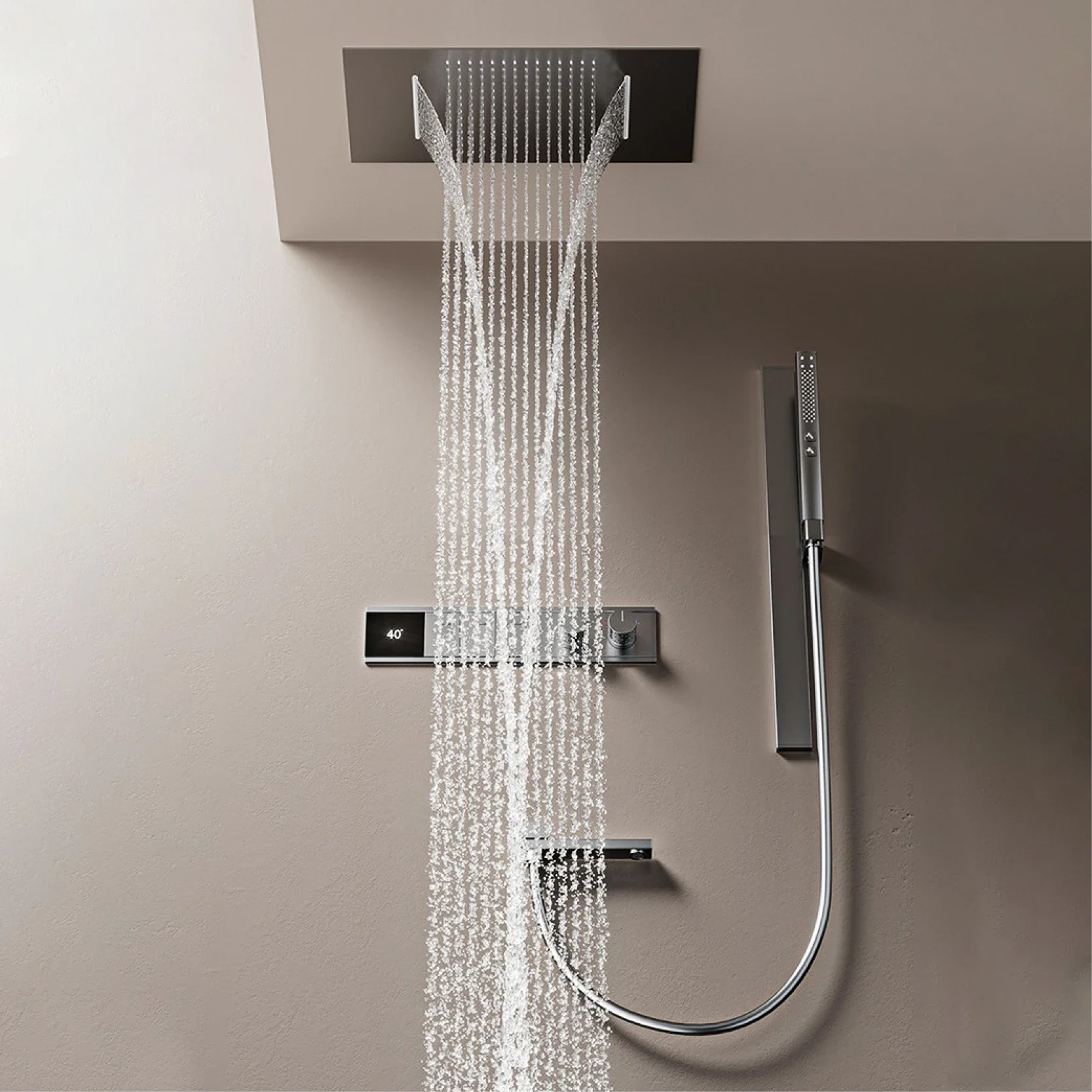 

Серая роскошная латунная цифровая душевая система с постоянной температурой. Горячая и холодная вода, 4-функциональный потолочный смеситель для ванной комнаты