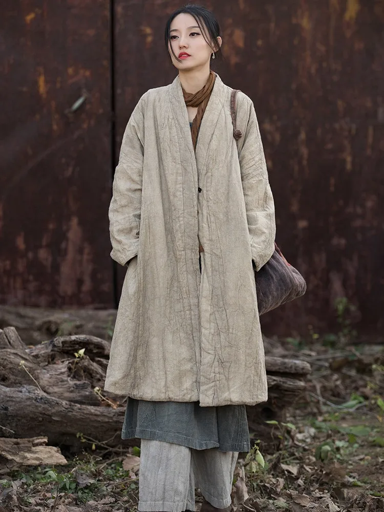 

Thick Warm Cotton Linen Quilted Coats Women New Arrival 2024 Winter Vintage Style Loose Female Casual Padded Trench Coats M238