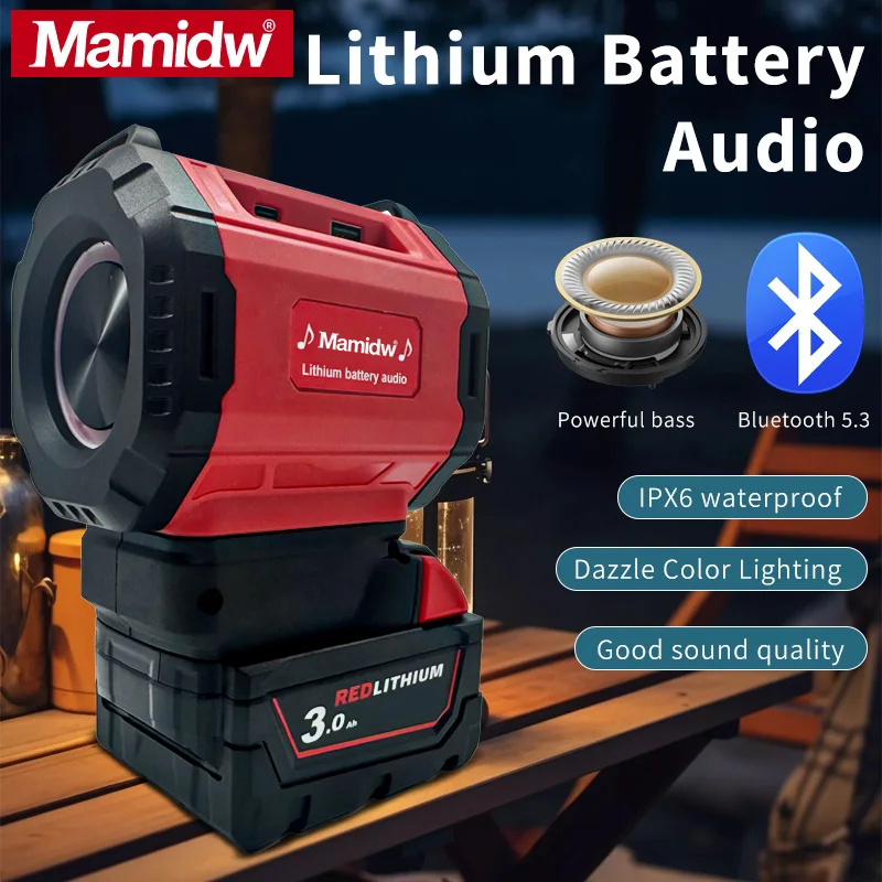 

Mamidw портативный Bluetooth-динамик USB Type-C Bluetooth-динамик для рабочей площадки, кемпинга, вечеринки, динамик для Milwaukee 18 В, аккумулятор PIN