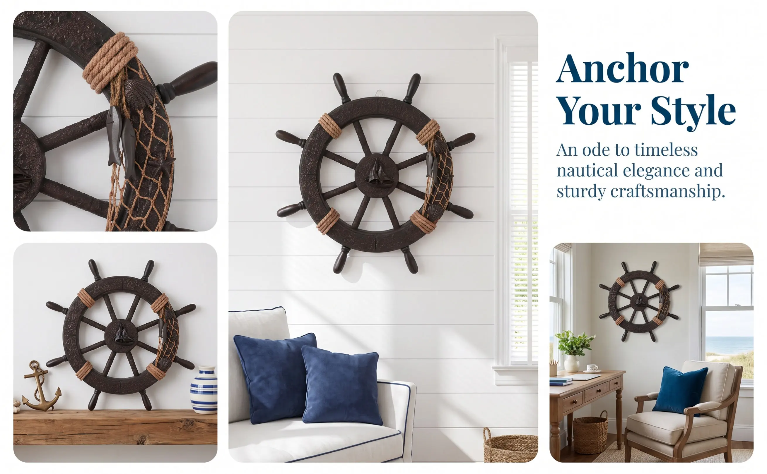 Rudder Wall Hanging Ornament Mediterranean Style Blue White Wooden Nautical Decor for Living Room Hotel Mall Balcony Wall Door