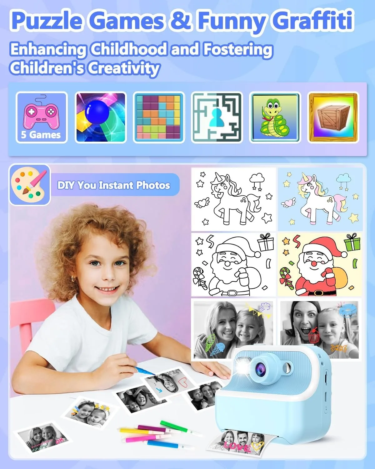 Kids Camera Instant Print, Christmas Birthday Gifts for Kids Age 3-12, HD Camera for Kids with Printing Photo Paper