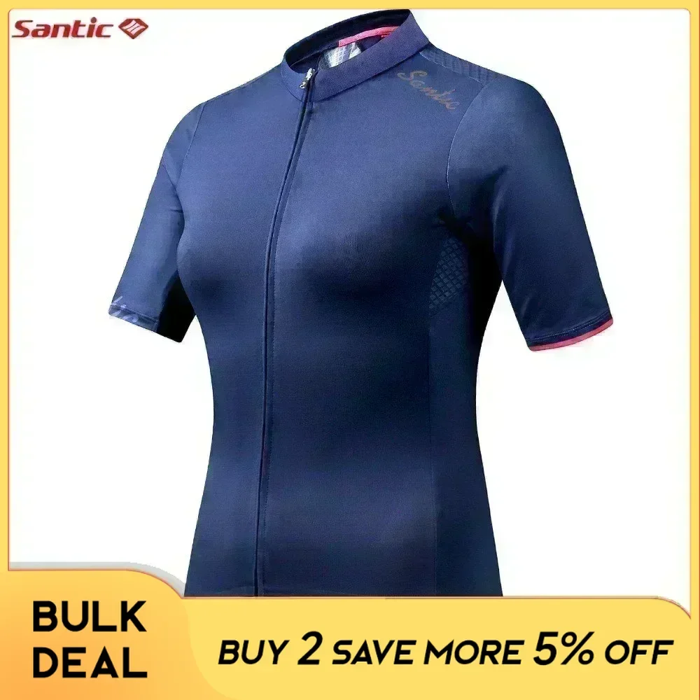 Santic Womens Cycling Jersey Short Sleeve Summer Quick Dry Bicycle Clothing Non-Slip Full Zipper Outdoor MTB Road Bike Shirts