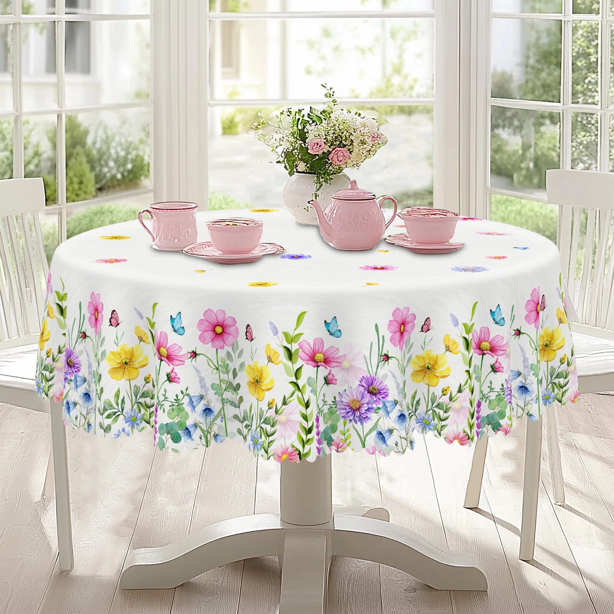 1 Piece Spring Round and Square Tablecloth, 5 Sizes, Flower and Butterfly Design Pattern Tablecloth, Easter Party, Valentine's Day Theme, Spring Decoration, French Style, Tablecloth for Home Kitchen, Picnic, Gift