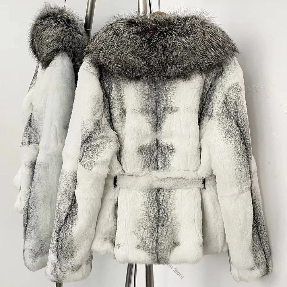 Real Rabbit Fur Jacket for Women Autumn Winter Fur Coat Thick Warm New Fox Fur Collar Wear Elegant Warm Fur Outerwear for Female